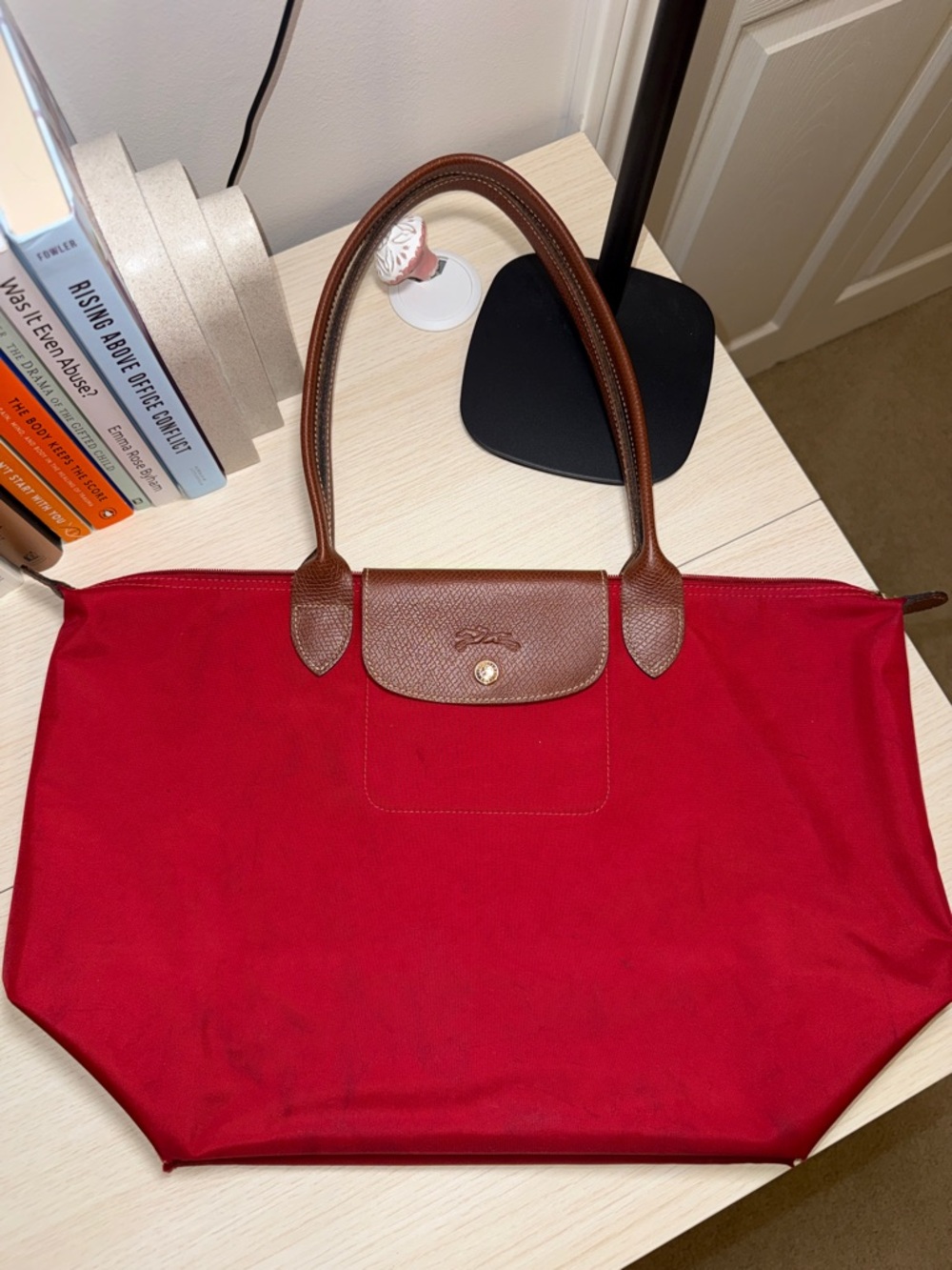 Longchamp Red Le Pliage Tote with Brown Leather Trim